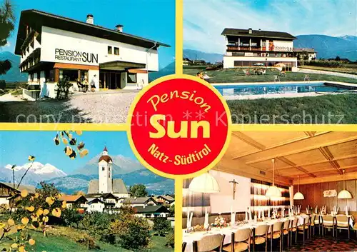 AK / Ansichtskarte Natz_Brixen_Suedtirol Pension Sun Gastraum Swimming Pool Ortsansicht mit Kirche Natz_Brixen_Suedtirol