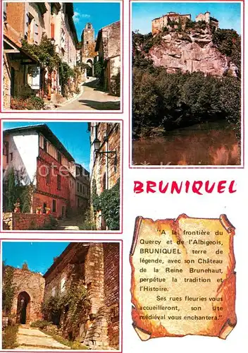 AK / Ansichtskarte Bruniquel Vieilles maisons typiques du Moyen Age Rue Bombecul Le chateau sur son rocher abrupt Bruniquel