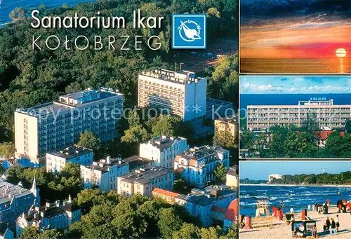 AK / Ansichtskarte Kolobrzeg_Kolberg_Ostseebad Sanatorium Ikar Fliegeraufnahme Strand Sonnenuntergang 