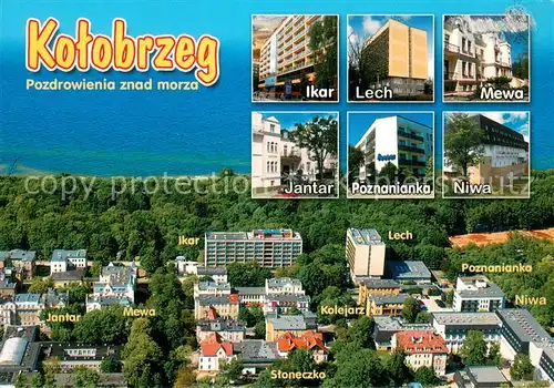 AK / Ansichtskarte Kolobrzeg_Kolberg_Ostseebad Fliegeraufnahme Hotels Ikar Lech Mewa Jantar Poznanianka Niwa 