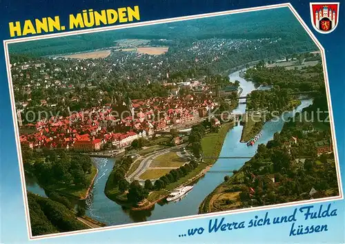 AK / Ansichtskarte Hann._Muenden Fliegeraufnahme mit Zusammenfluss von Fulda und Werra Hann. Muenden