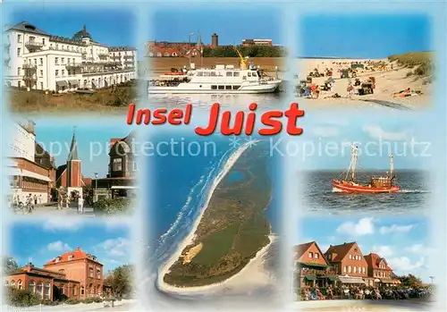 AK / Ansichtskarte Juist_Nordseebad Kurhaus Kirche Ortsmotive Dampfer Fischkutter Strand Nordseeinsel Fliegeraufnahme Juist_Nordseebad