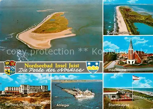 AK / Ansichtskarte Juist_Nordseebad Perle der Nordsee Fliegeraufnahme Kirche Sturmklause Anleger Faehre Kurhaus Strandhotel Juist_Nordseebad