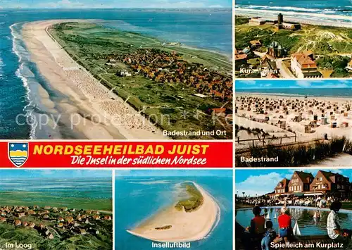 AK / Ansichtskarte Juist_Nordseebad Badestrand Inseldorf Fliegeraufnahme Kuranlagen Badestrand Im Loog Spielteich am Kurplatz Juist_Nordseebad