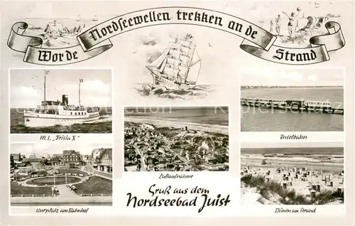 AK / Ansichtskarte Juist_Nordseebad MS Frisia X Kurplatz Bahnhof Inselbahn Duenen Strand Fliegeraufnahme Juist_Nordseebad