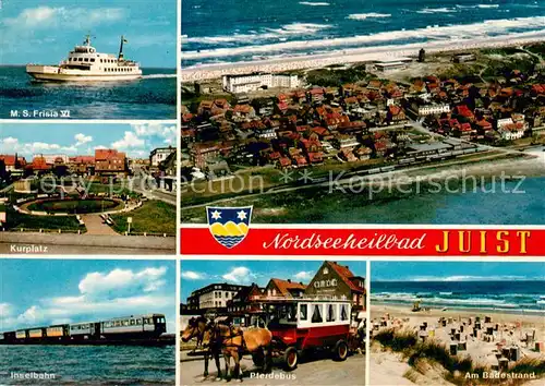 AK / Ansichtskarte Juist_Nordseebad MS Frisia VI Kurplatz Inselbahn Pferdebus Badestrand Duenen Inseldorf Fliegeraufnahme Juist_Nordseebad