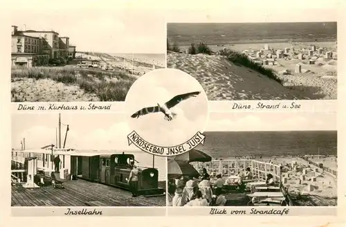 AK / Ansichtskarte Juist_Nordseebad Duene Kurhaus Strand Inselbahn Strandcafe Moewen Juist_Nordseebad