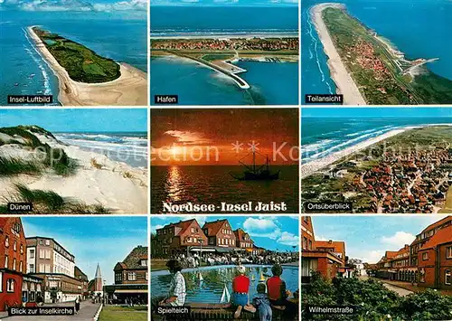 AK / Ansichtskarte Juist_Nordseebad Insel Luftbild Hafen Duenen Sonnenuntergang Kirche Spielteich Haeuserpartie Juist_Nordseebad