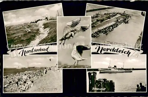 AK / Ansichtskarte Norddeich__Norden_Nordseebad Sturmflut Badestrand Moewen Mole Fliegeraufnahme Baederschiff Dampfer 