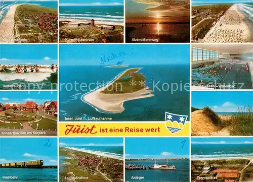 AK / Ansichtskarte Juist_Nordseebad Kurpromenade Kurzentrum Abendstimmung Konzertpavillon Kurpark Wellenbad Duenen Inselbahn Anleger Tennisplaetze Fliegeraufnahmen Juist_Nordseebad
