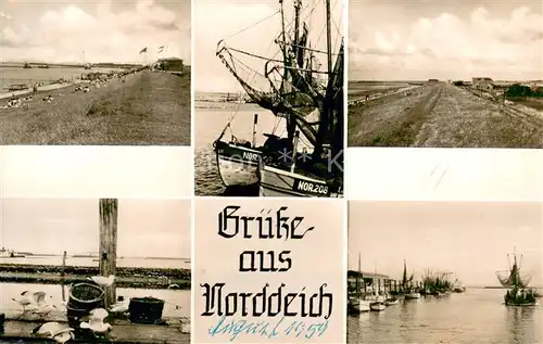 AK / Ansichtskarte Norddeich__Norden_Nordseebad Deich Strand Fischerboote Hafen Moewen 