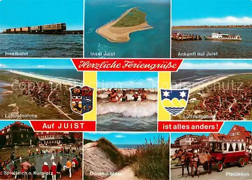 AK / Ansichtskarte Juist_Nordseebad Inselbahn Dampfer Anleger Spielteich Kurplatz Duenen Pferdebus Fliegeraufnahme Nordseeinsel Juist_Nordseebad