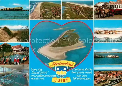 AK / Ansichtskarte Juist_Nordseebad Inselzug Pferdebus Duenen Strandleben Spielteich Faehre Wellenbad Nordseeinsel Fliegeraufnahme Juist_Nordseebad