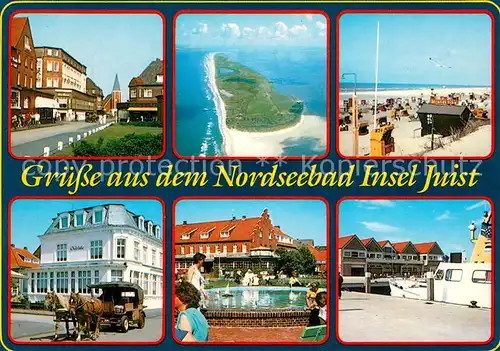 AK / Ansichtskarte Juist_Nordseebad Ortsmotive Kurpark Strand Pferdebus Anleger Nordseeinsel Fliegeraufnahme Juist_Nordseebad