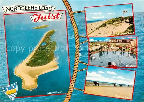 AK / Ansichtskarte Juist_Nordseebad Duenen Strand Spielteich Reiten am Strand Nordseeinsel Fliegeraufnahme Juist_Nordseebad