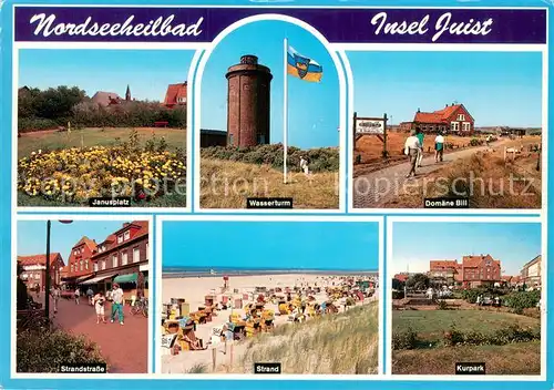 AK / Ansichtskarte Juist_Nordseebad Janusplatz Strandstrasse Wasserturm Strand Domaene Bill Kurpark Juist_Nordseebad