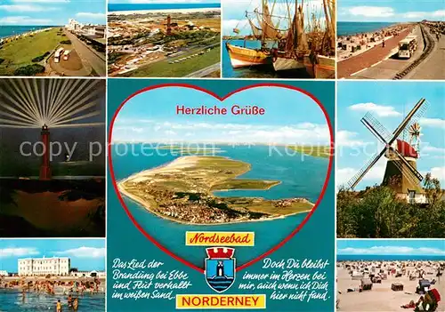 AK / Ansichtskarte Norderney_Nordseebad Nordseeinsel Fliegeraufnahme Fischkutter Strand Promenade Leuchtturm Windmuehle Norderney_Nordseebad