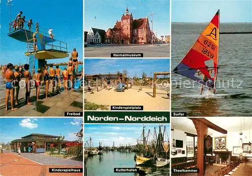 AK / Ansichtskarte Norddeich__Norden_Nordseebad Freibad Sprungturm Museum Kinderspielplatz Windsurfen Kinderspielhaus Kutterhafen Theelkammer 