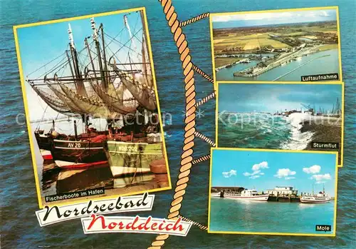 AK / Ansichtskarte Norddeich__Norden_Nordseebad Fischerboote im Hafen Luftaufnahme Sturmflut Mole Dampfer 