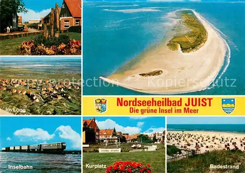 AK / Ansichtskarte Juist_Nordseebad Dorfmotiv Im Loog Nordseeinsel Fliegeraufnahme Inselbahn Kurplatz Badestrand Juist_Nordseebad