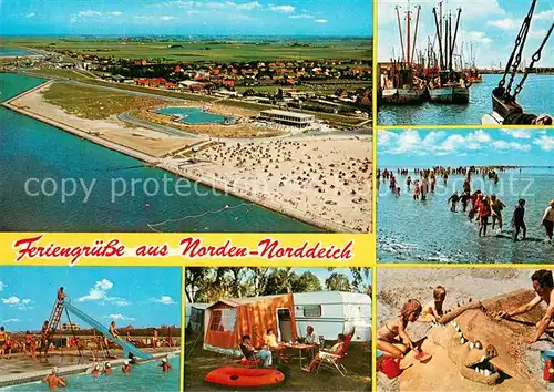 AK / Ansichtskarte Norddeich__Norden_Nordseebad Fischkutter Hafen Strand Campingplatz Freibad 