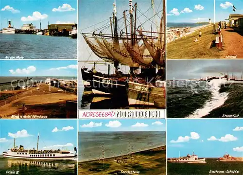 AK / Ansichtskarte Norddeich__Norden_Nordseebad Mole Hafen Fischkutter Strand Promenade Sturmflut Baltrum Schiffe Sender MS Frisia 