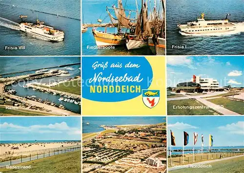 AK / Ansichtskarte Norddeich__Norden_Nordseebad MS Frisia Fischerboote Hafen Fliegeraufnahme Erholungszentrum Badestrand Freibad 