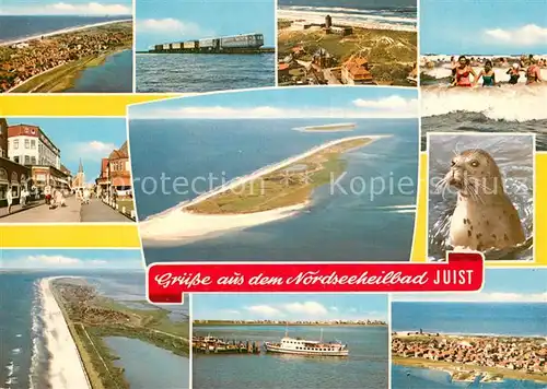 AK / Ansichtskarte Juist_Nordseebad Nordseeinsel Fliegeraufnahme Inselzug Badestrand Ortsmotiv Seehund Schiffsanleger Juist_Nordseebad