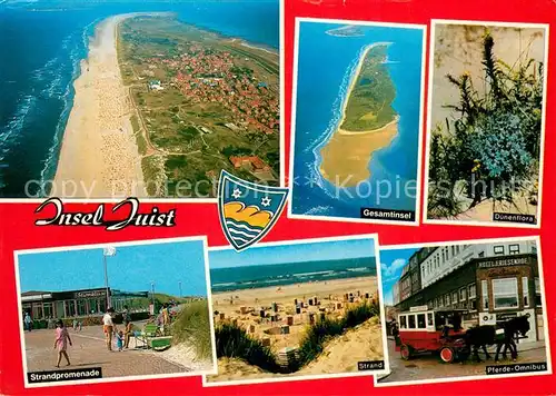 AK / Ansichtskarte Juist_Nordseebad Nordseeinsel Luftbild Duenenflora Strand Promenade Pferdebus Juist_Nordseebad