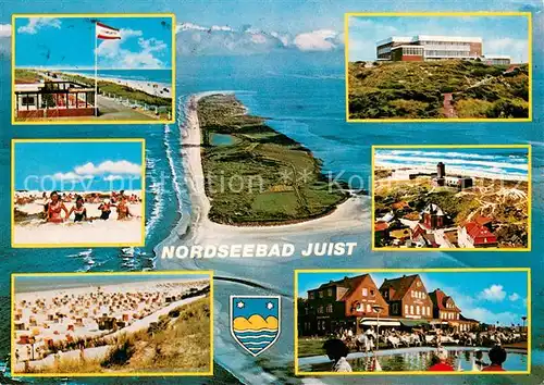 AK / Ansichtskarte Juist_Nordseebad Strandcafe Kurzentrum Wasserturm Spielteich Kurplatz Strand Nordseeinsel Luftbild Juist_Nordseebad