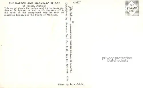 AK / Ansichtskarte St_Ignace The Harbor and Mackinac Bridge Aerial view St_Ignace