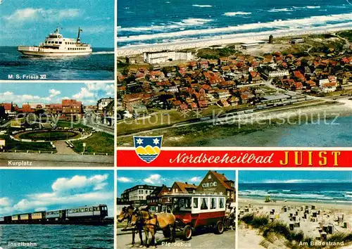 AK / Ansichtskarte Juist_Nordseebad Faehrschiff MS Frisia VI Kurplatz Inselbahn Pferdebus Strand Fliegeraufnahme Juist_Nordseebad