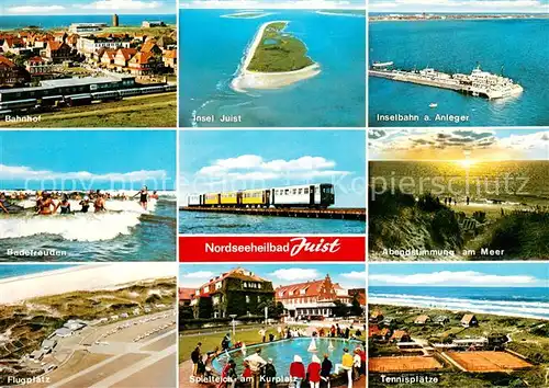 AK / Ansichtskarte Juist_Nordseebad Bahnhof Nordseeinsel Schiffsanleger Tennisplatz Flugplatz Luftaufnahmen Spielteich Kurplatz Inselbahn Juist_Nordseebad