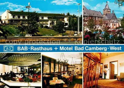 AK / Ansichtskarte Bad_Camberg BAB Rasthaus und Motel Camberg West Gastraeume Kirche Bad_Camberg