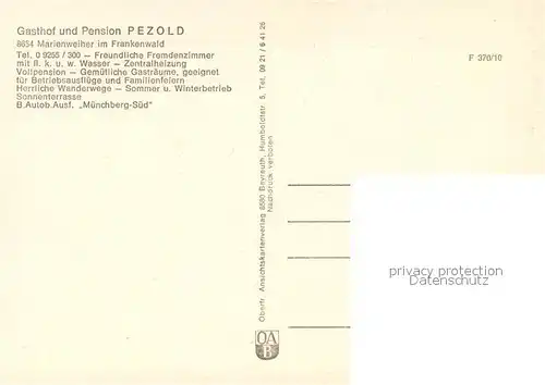 AK / Ansichtskarte Marienweiher Gasthof Pension Pezold Panorama Gastraum Kirche Marienweiher