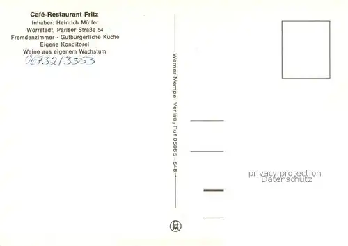 AK / Ansichtskarte Woerrstadt Cafe Restaurant Fritz Bar Weinfaesser Gastraeume Zimmer Woerrstadt