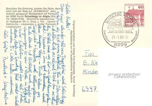 AK / Ansichtskarte Scheidegg_Allgaeu Panorama Waldgasthof Ruhmuehle Gaststube Kaminzimmer Scheidegg Allgaeu