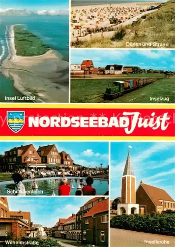 AK / Ansichtskarte Juist_Nordseebad Fliegeraufnahme Duenen und Strand Inselzug Schiffchenteich Wilhelmstrasse Inselkirche Juist_Nordseebad