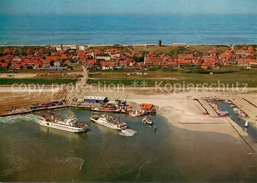 AK / Ansichtskarte Juist_Nordseebad Hafen mit Faehren Frisia II und Frisia VI Fliegeraufnahme Juist_Nordseebad