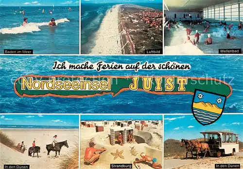 AK / Ansichtskarte Juist_Nordseebad Meerbad Fliegeraufnahme Strand Wellenbad Reiten in den Duenen Strandburg Pferdebus Juist_Nordseebad