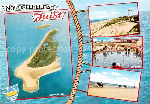 AK / Ansichtskarte Insel_Juist Fliegeraufnahme Duenen Strand Spielteich Reiter am Strand Insel_Juist