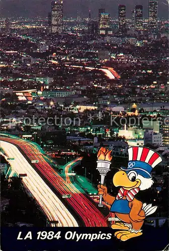 AK / Ansichtskarte Los_Angeles_California Air view Sam the Olympic Eagle Mascot 