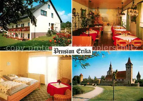 AK / Ansichtskarte Ostheim_Rhoen Pension Erika Gastraum Gaestezimmer Kirche Ostheim_Rhoen