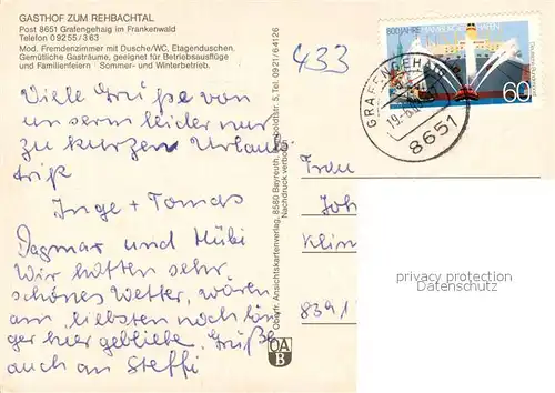 AK / Ansichtskarte Grafengehaig Gasthof zum Rehbachtal Gaststube Gartenterrasse Grafengehaig