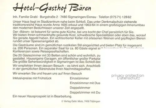 AK / Ansichtskarte Sigmaringen Hotel Gasthof Baeren Gastraeume Schloss Sigmaringen