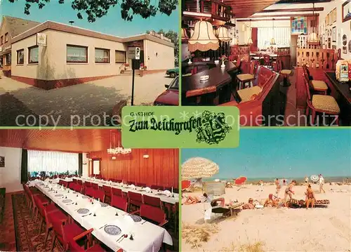 AK / Ansichtskarte Minsen_Foerrien Gasthof Zum Deichgrafen Gaststube Speisesaal Strandpartie 