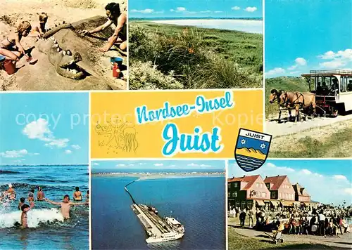 AK / Ansichtskarte Juist_Nordseebad Spass am Strand Pferdebus Kurplatz Spielteich Schiffsanleger Fliegeraufnahme Juist_Nordseebad