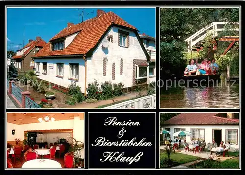 AK / Ansichtskarte Luebben_Spreewald Pension und Bierstuebchen Klauss Gaststube Terrasse Bootspartie Luebben Spreewald