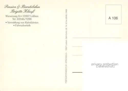 AK / Ansichtskarte Luebben_Spreewald Pension und Bierstuebchen Klauss Gaststube Terrasse Bootspartie Luebben Spreewald