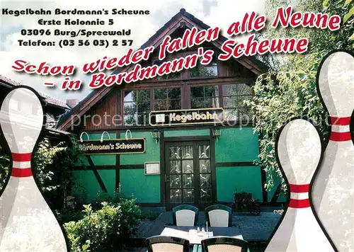 AK / Ansichtskarte Burg_Spreewald Kegelbahn Bordmanns Scheune Scoreboard Burg Spreewald
